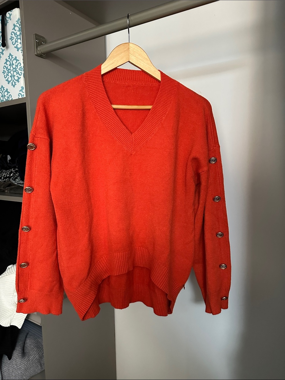 V-Neck Button-Sleeve Sweater in Orange
